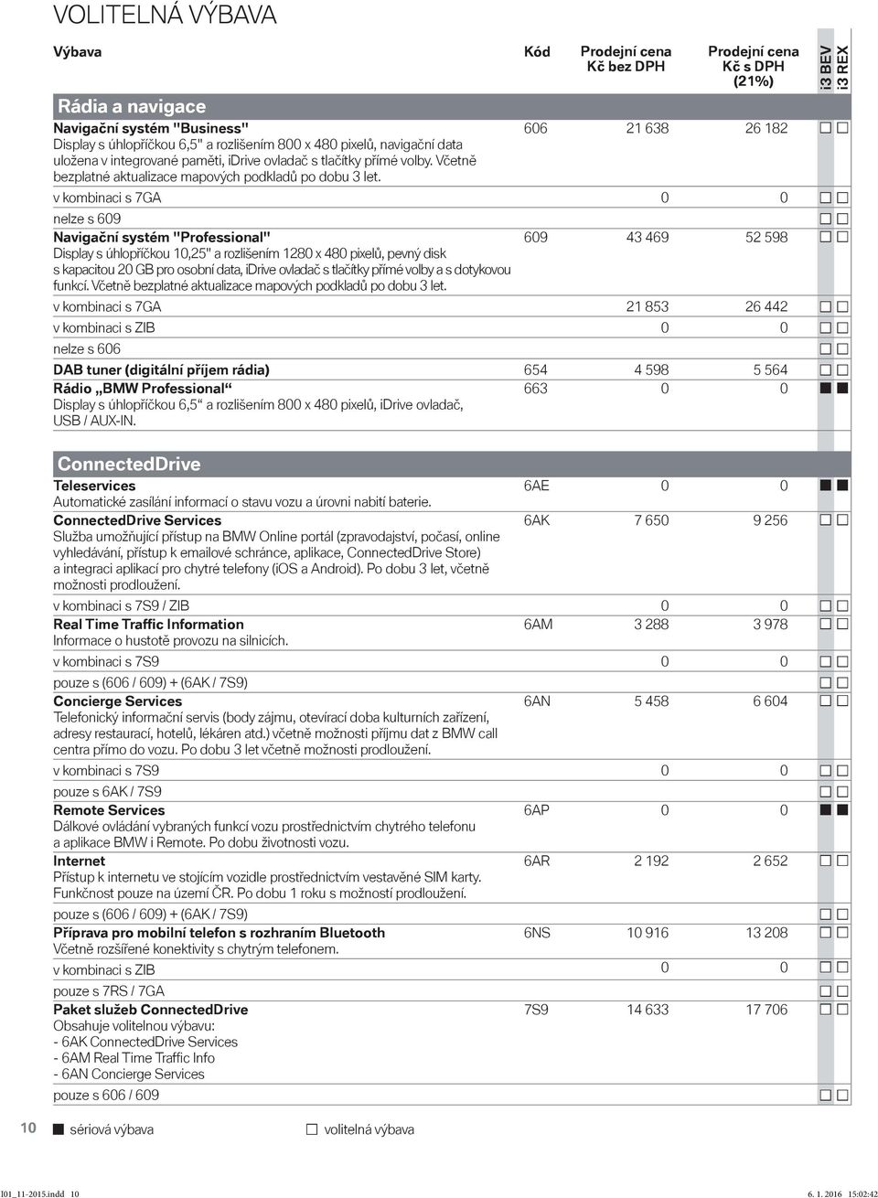 Prodejní cena Kč s DPH (21%) i3 BEV i3 REX 606 21 638 26 182 v kombinaci s 7GA 0 0 nelze s 609 Navigační systém "Professional" Display s úhlopříčkou 10,25" a rozlišením 1280 x 480 pixelů, pevný disk