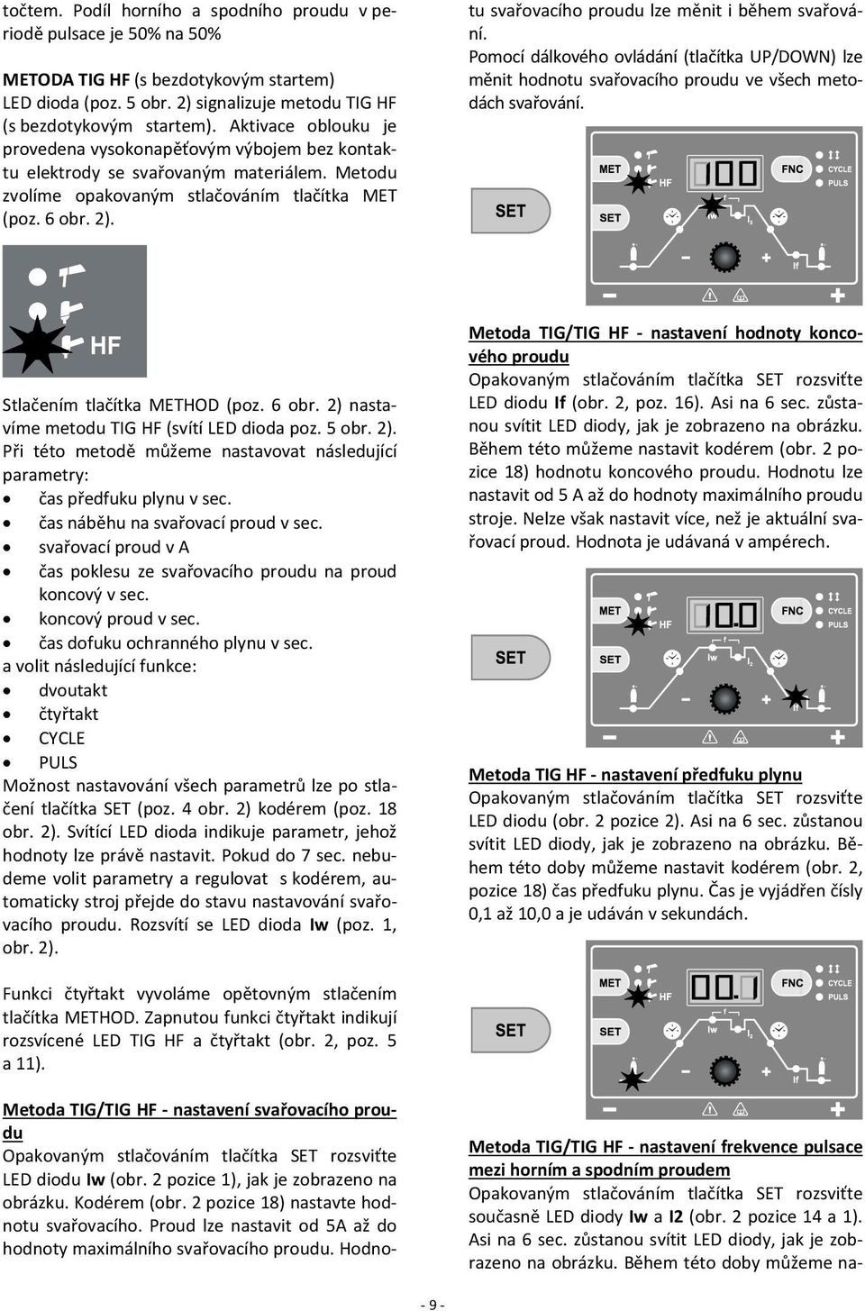 Metoda TIG/TIG HF nastavení svařovacího proudu Opakovaným stlačováním tlačítka SET rozsviťte LED diodu Iw (obr. 2 pozice 1), jak je zobrazeno na obrázku. Kodérem (obr.