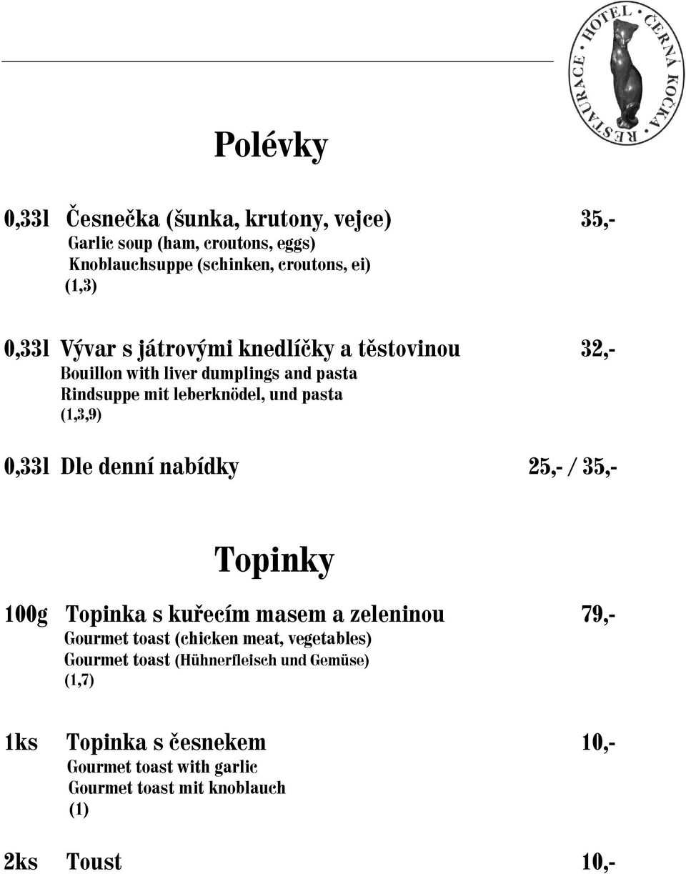 0,33l Dle denní nabídky 25,- / 35,- Topinky 100g Topinka s kuřecím masem a zeleninou 79,- Gourmet toast (chicken meat, vegetables)