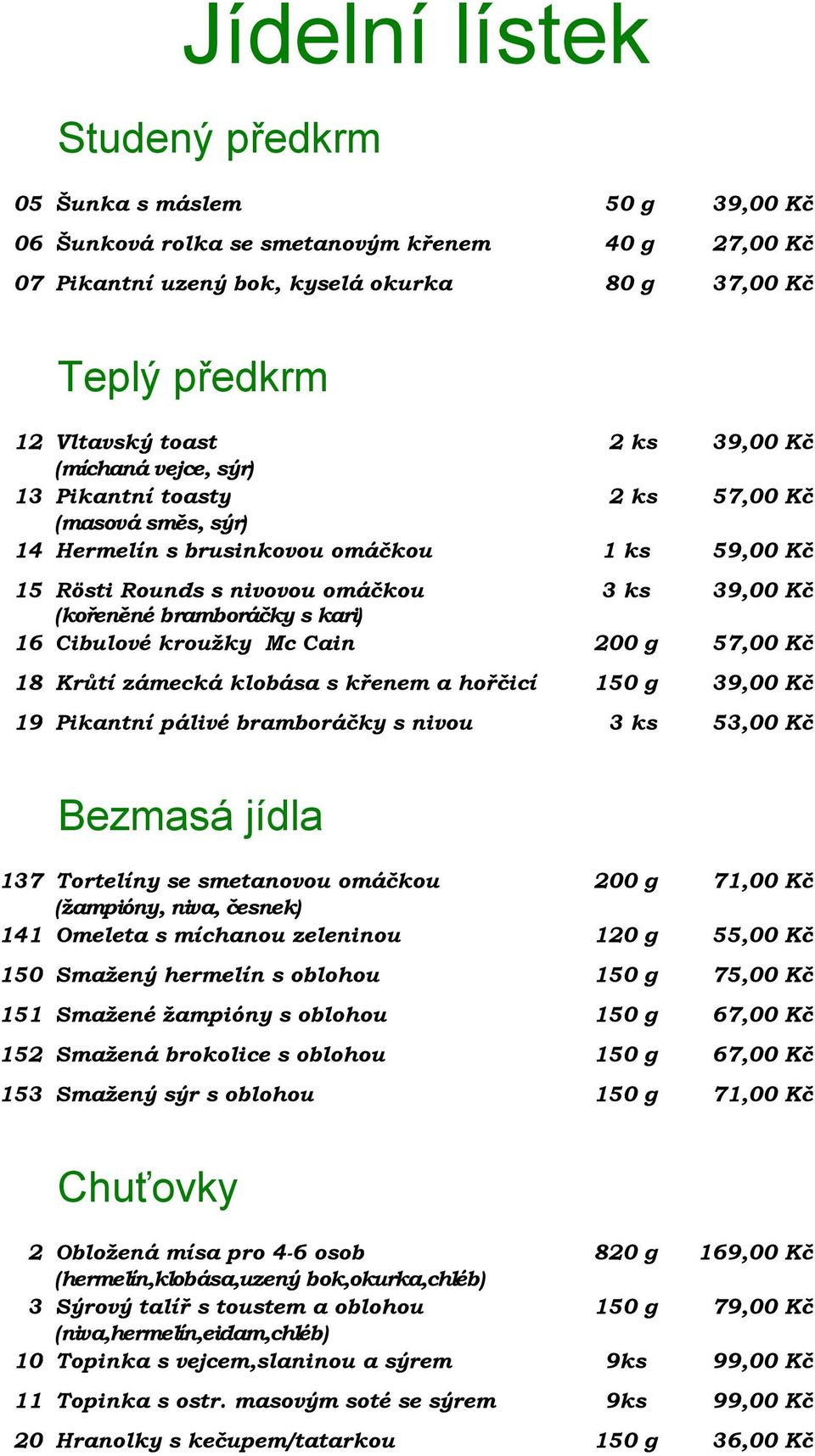 bramboráčky s kari) 16 Cibulové kroužky Mc Cain 200 g 57,00 Kč 18 Krůtí zámecká klobása s křenem a hořčicí 150 g 39,00 Kč 19 Pikantní pálivé bramboráčky s nivou 3 ks 53,00 Kč Bezmasá jídla 137