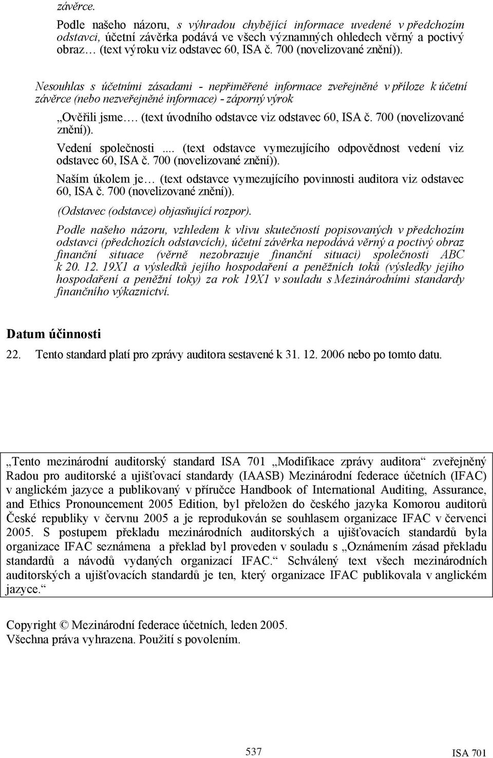 700 (novelizované Nesouhlas s účetními zásadami - nepřiměřené informace zveřejněné v příloze k účetní závěrce (nebo nezveřejněné informace) - záporný výrok Vedení společnosti.