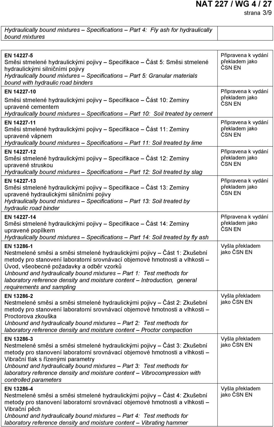 upravené cementem Hydraulically bound mixtures Specifications Part 10: Soil treated by cement EN 14227-11 Směsi stmelené hydraulickými pojivy Specifikace Část 11: Zeminy upravené vápnem Hydraulically