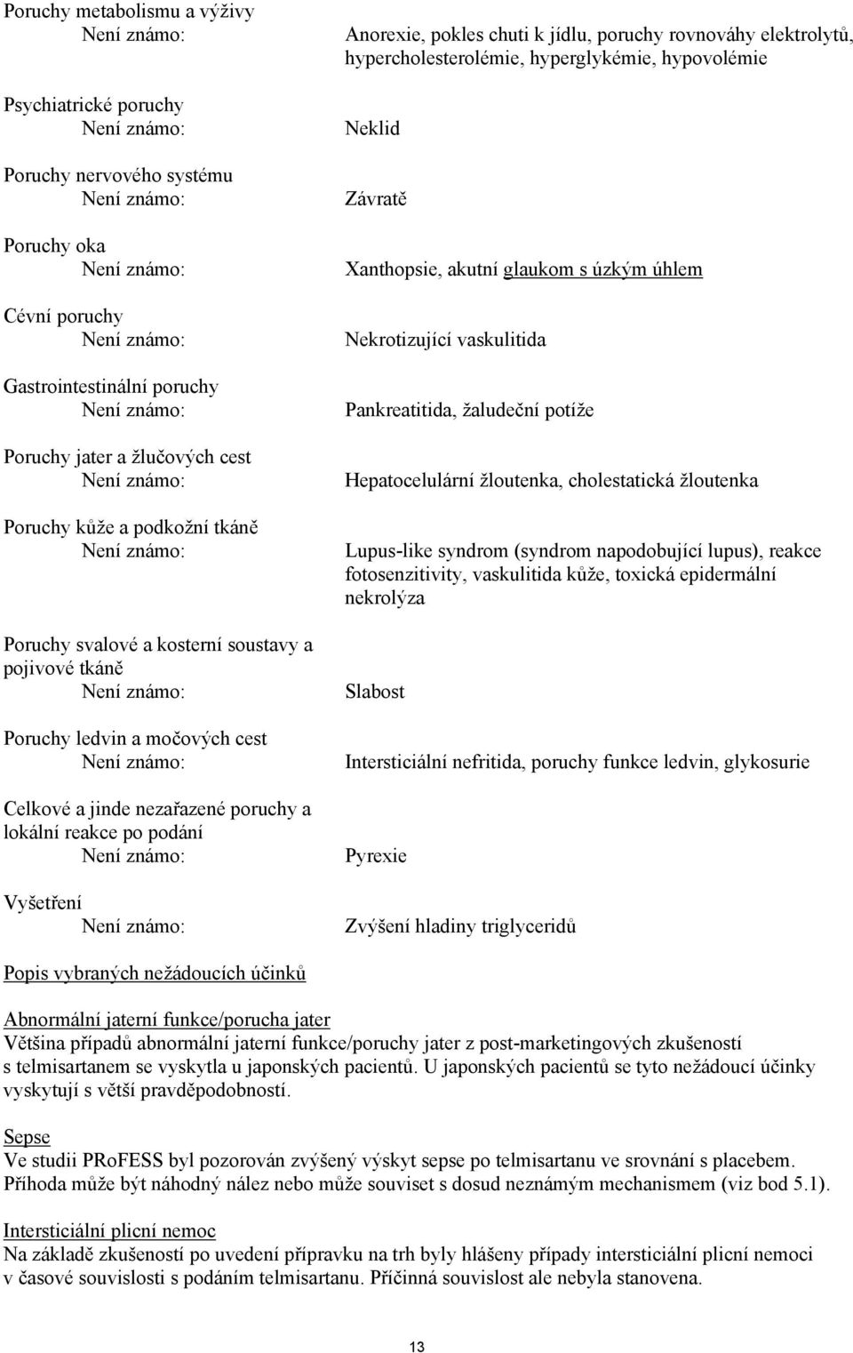 elektrolytů, hypercholesterolémie, hyperglykémie, hypovolémie Neklid Závratě Xanthopsie, akutní glaukom s úzkým úhlem Nekrotizující vaskulitida Pankreatitida, žaludeční potíže Hepatocelulární