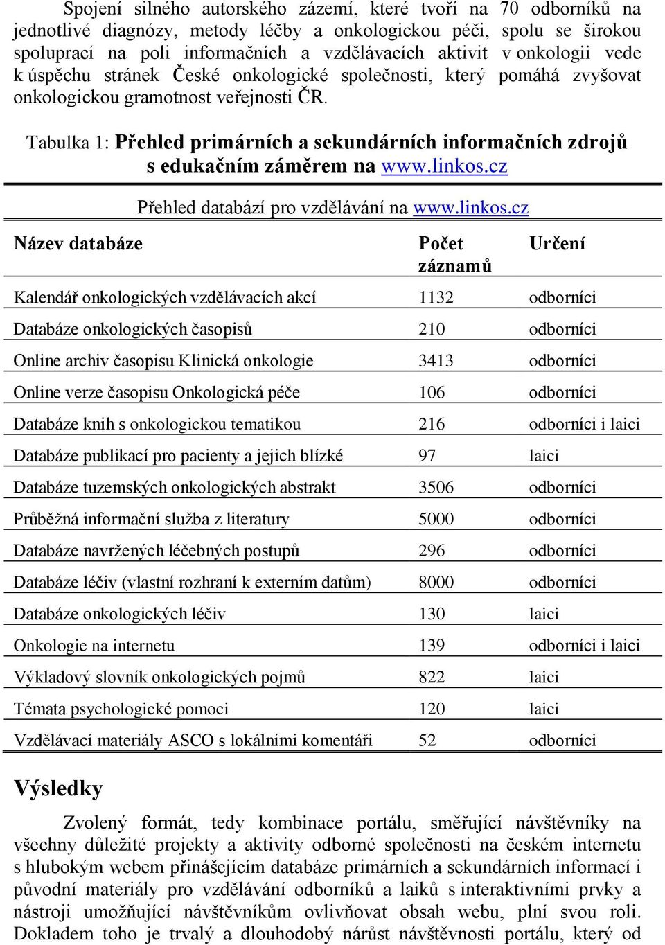 Tabulka 1: Přehled primárních a sekundárních informačních zdrojů s edukačním záměrem na www.linkos.