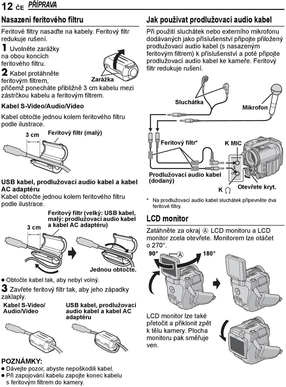 Kabel S-Video/Audio/Video Kabel obtočte jednou kolem feritového filtru podle ilustrace.