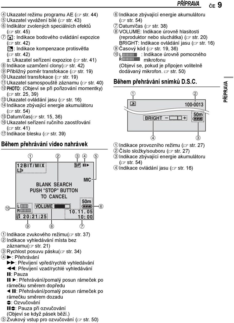 19) K Ukazatel samospouště záznamu ( str. 40) L O: (Objeví se při pořizování momentky) ( str. 25, 39) M Ukazatel ovládání jasu ( str. 16) N Indikace zbývající energie akumulátoru ( str.