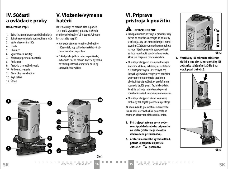 Vloženie/výmena batérií Dajte dolu kryt na batérie (Obr. 1, pozícia 12) a podľa vyznačenej polarity vložte do priečinok dve batérie 1,5 V typu AA. Potom kryt nasaďte naspäť.