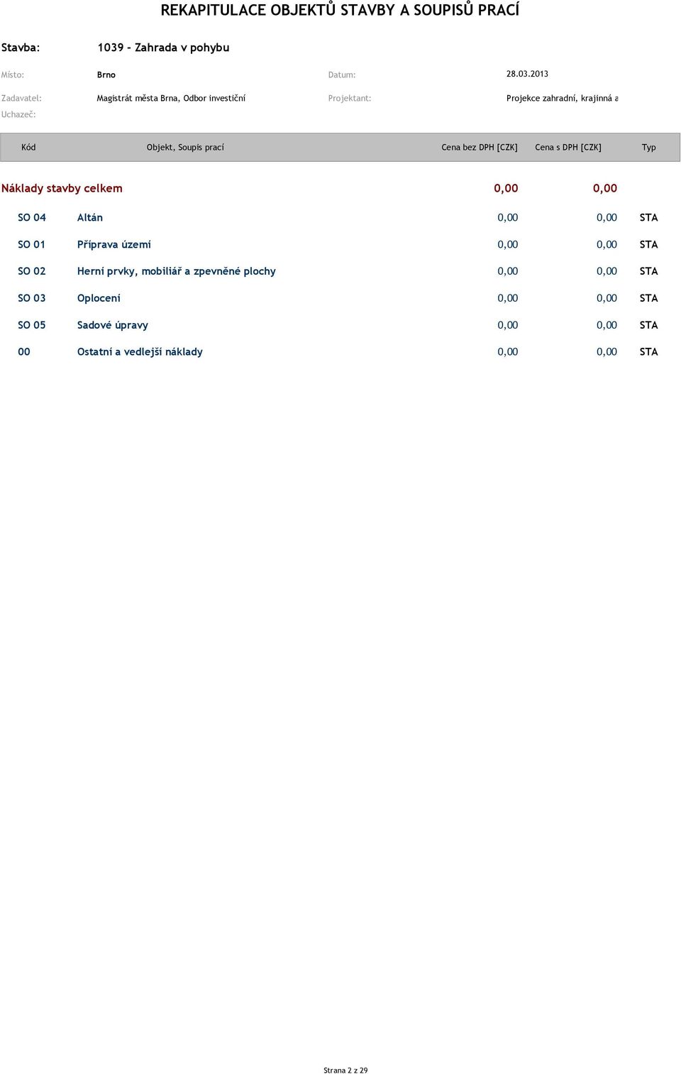 stavby celkem 0,00 0,00 SO 04 Altán 0,00 0,00 STA SO 01 Příprava území 0,00 0,00 STA SO 02 Herní prvky, mobiliář a