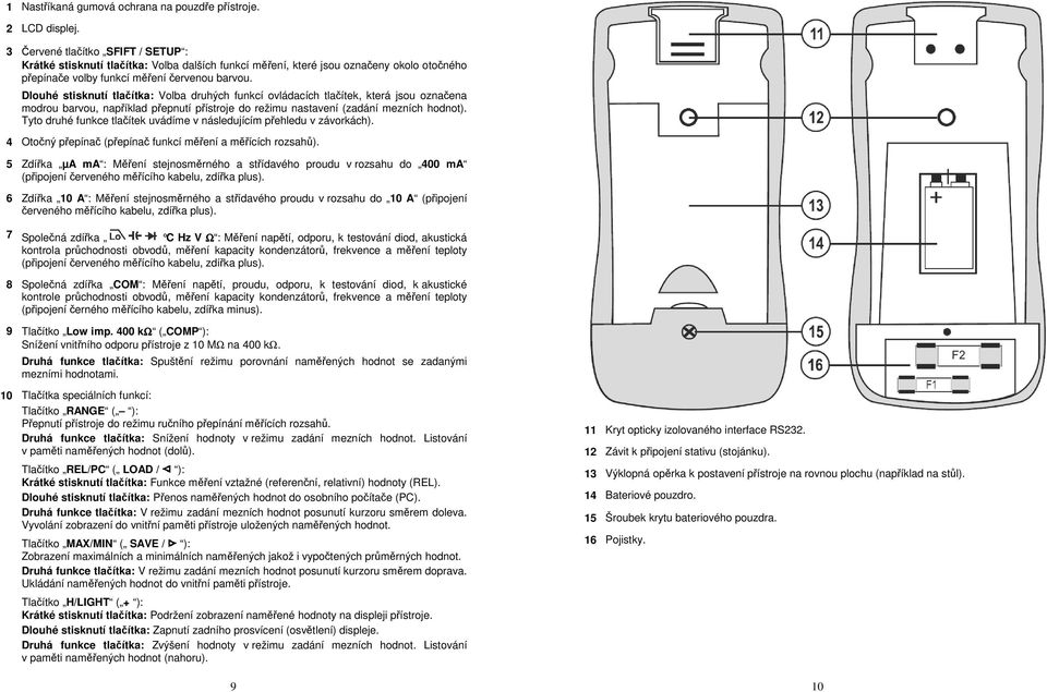 Dlouhé stisknutí tlačítka: Volba druhých funkcí ovládacích tlačítek, která jsou označena modrou barvou, například přepnutí přístroje do režimu nastavení (zadání mezních hodnot).