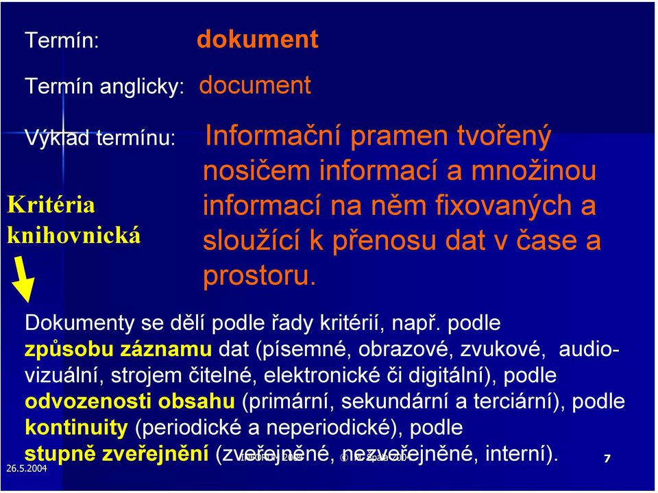 podle způsobu záznamu dat (písemné, obrazové, zvukové, audiovizuální, strojem čitelné, elektronické či digitální), podle odvozenosti obsahu