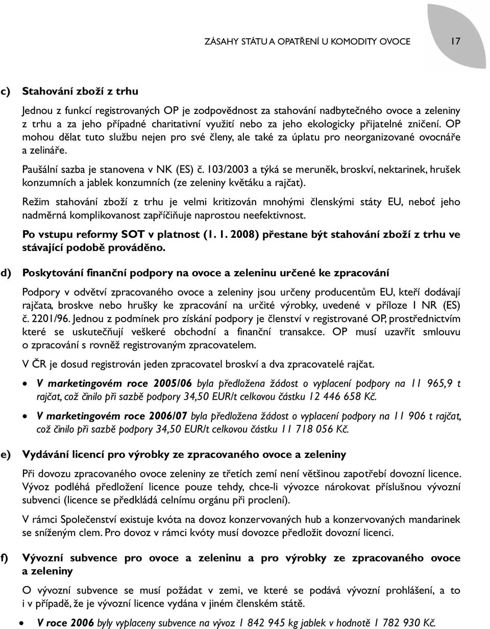 Paušální sazba je stanovena v NK (ES) č. 103/2003 a týká se meruněk, broskví, nektarinek, hrušek konzumních a jablek konzumních (ze zeleniny květáku a rajčat).