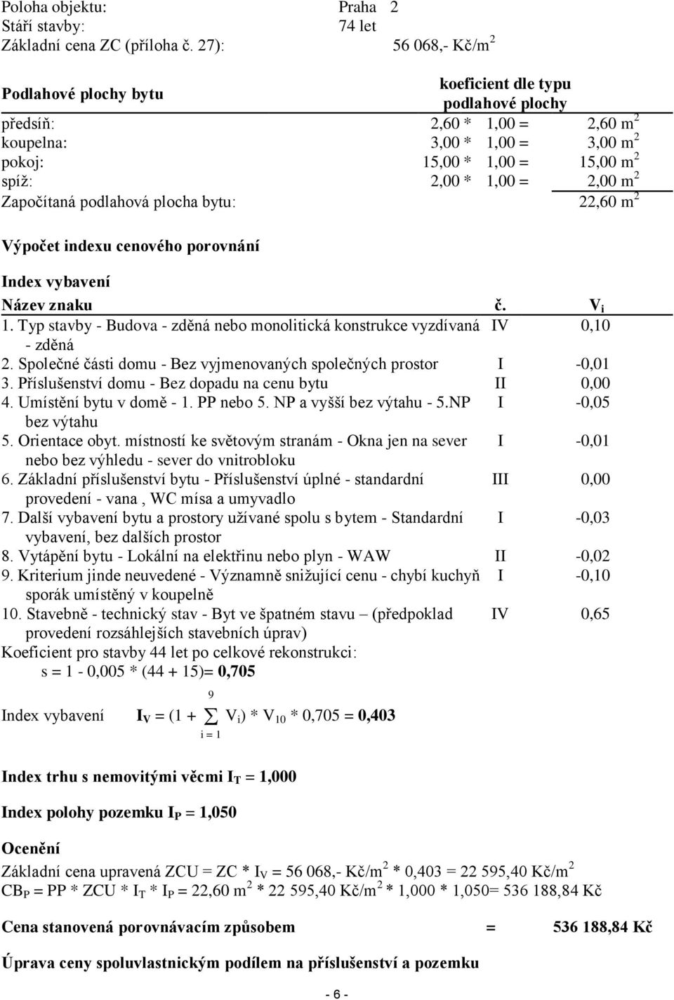 2,00 m 2 Započítaná podlahová plocha bytu: 22,60 m 2 Výpočet indexu cenového porovnání Index vybavení Název znaku č. V i 1.