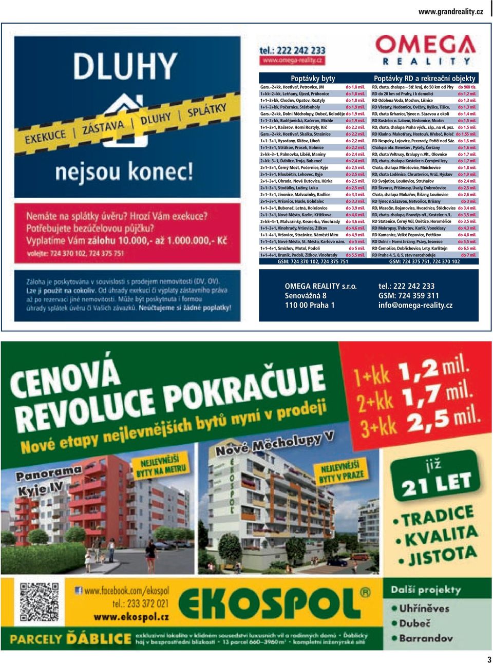 2+kk, Hostivař, Skalka, Strašnice do 2,2 mil. 1+1 3+1, Vysočany, Klíčov, Libeň do 2,2 mil. 1+1 3+1, Střížkov, Prosek, Bohnice do 2,2 mil.