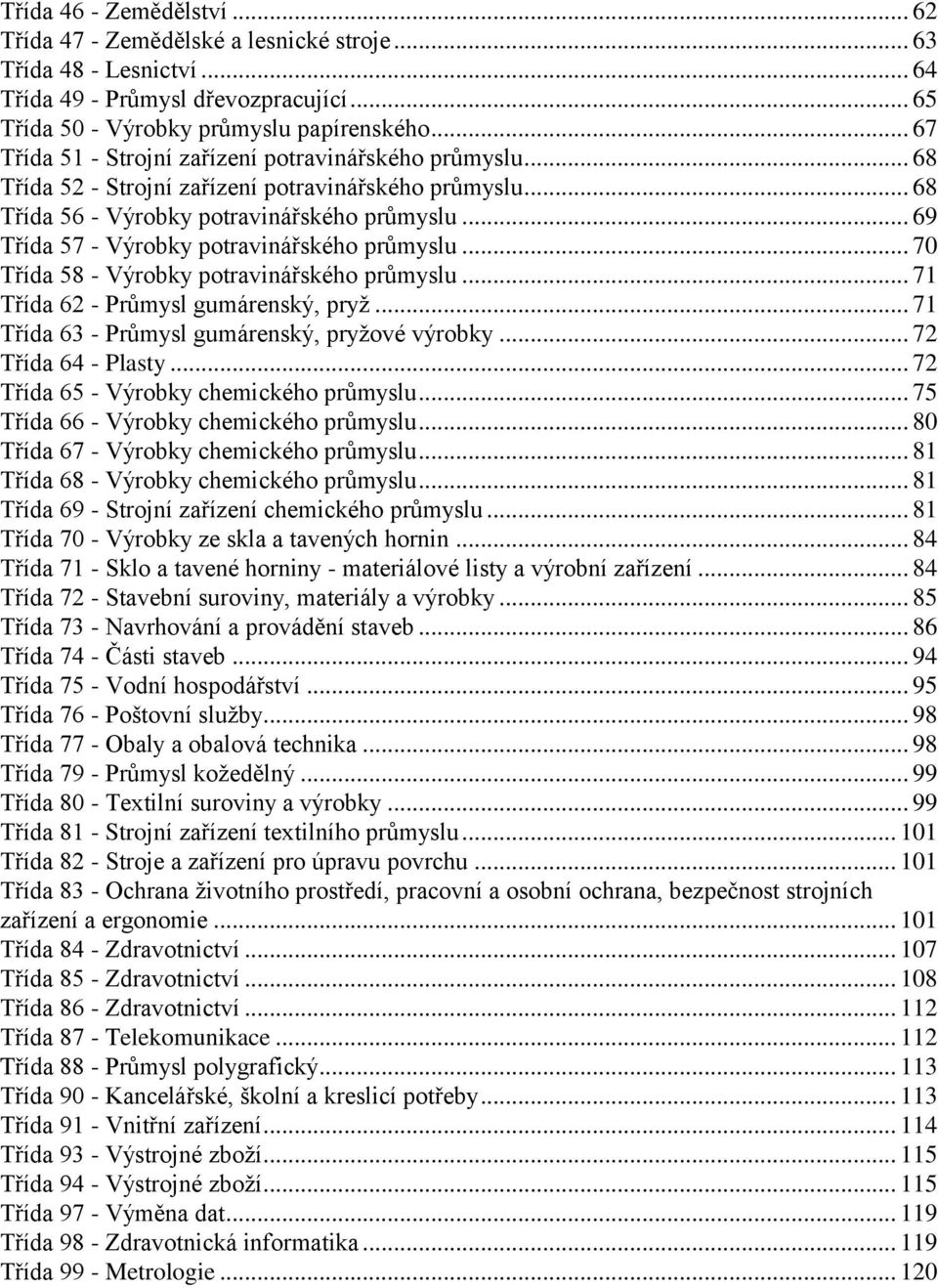 .. 69 Třída 57 - Výrobky potravinářského průmyslu... 70 Třída 58 - Výrobky potravinářského průmyslu... 71 Třída 62 - Průmysl gumárenský, pryţ... 71 Třída 63 - Průmysl gumárenský, pryţové výrobky.