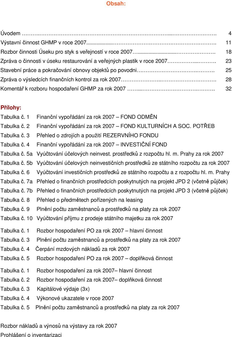 .... 4 11 18 23 25 28 32 Přílohy: Tabulka č. 1 Finanční vypořádání za rok 2007 FOND ODMĚN Tabulka č. 2 Finanční vypořádání za rok 2007 FOND KULTURNÍCH A SOC. POTŘEB Tabulka č.