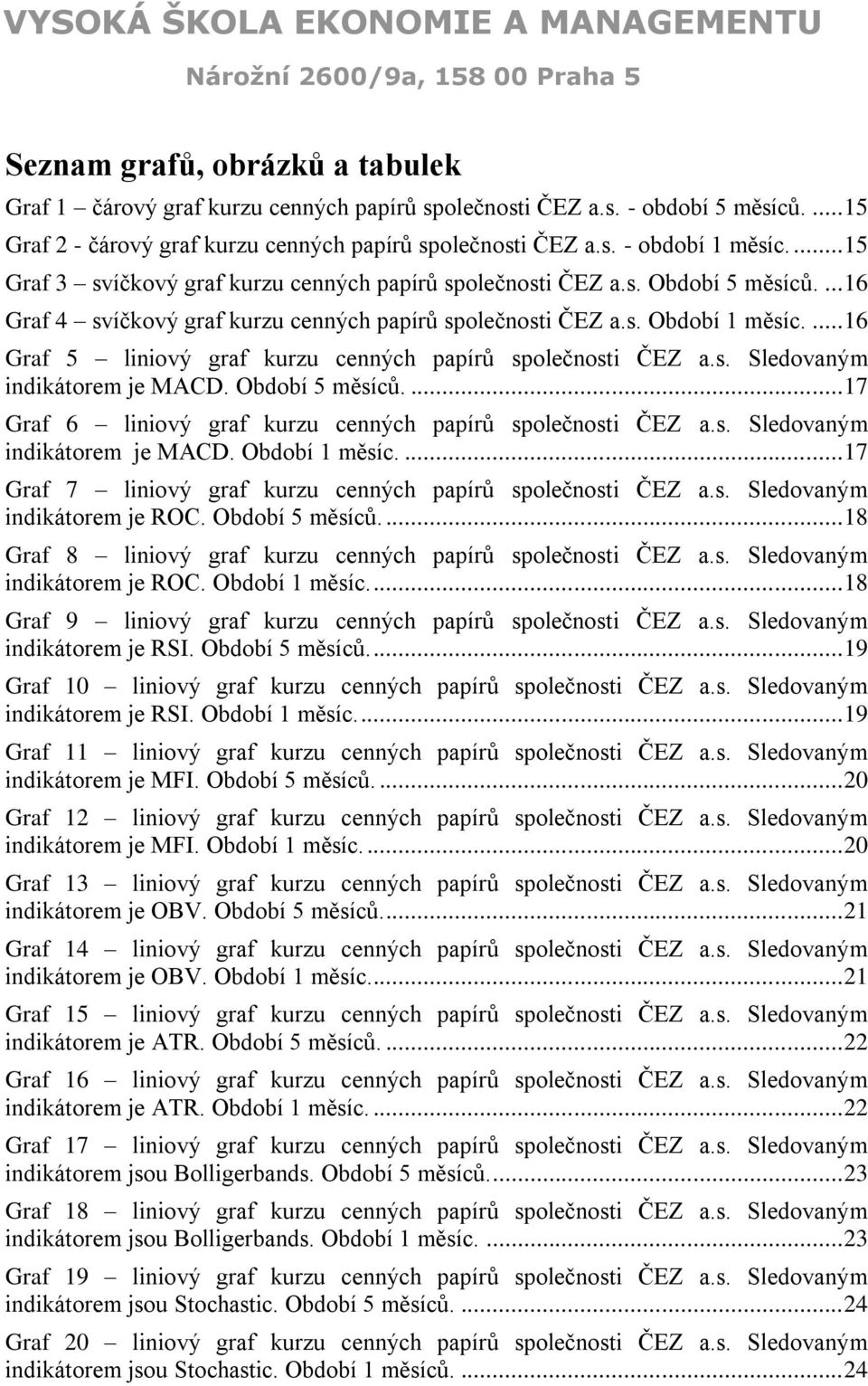 ... 16 Graf 5 liniový graf kurzu cenných papírů společnosti ČEZ a.s. Sledovaným indikátorem je MACD. Období 5 měsíců.... 17 Graf 6 liniový graf kurzu cenných papírů společnosti ČEZ a.s. Sledovaným indikátorem je MACD. Období 1 měsíc.