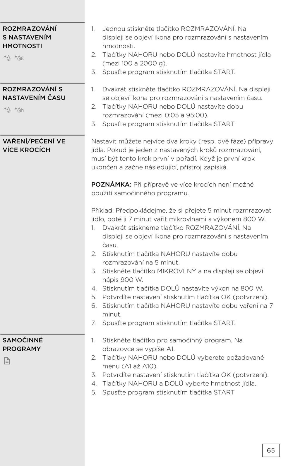 Na displeji se objeví ikona pro rozmrazování s nastavením času. 2. Tlačítky NAHORU nebo DOLÚ nastavíte dobu rozmrazování (mezi 0:05 a 95:00). 3.