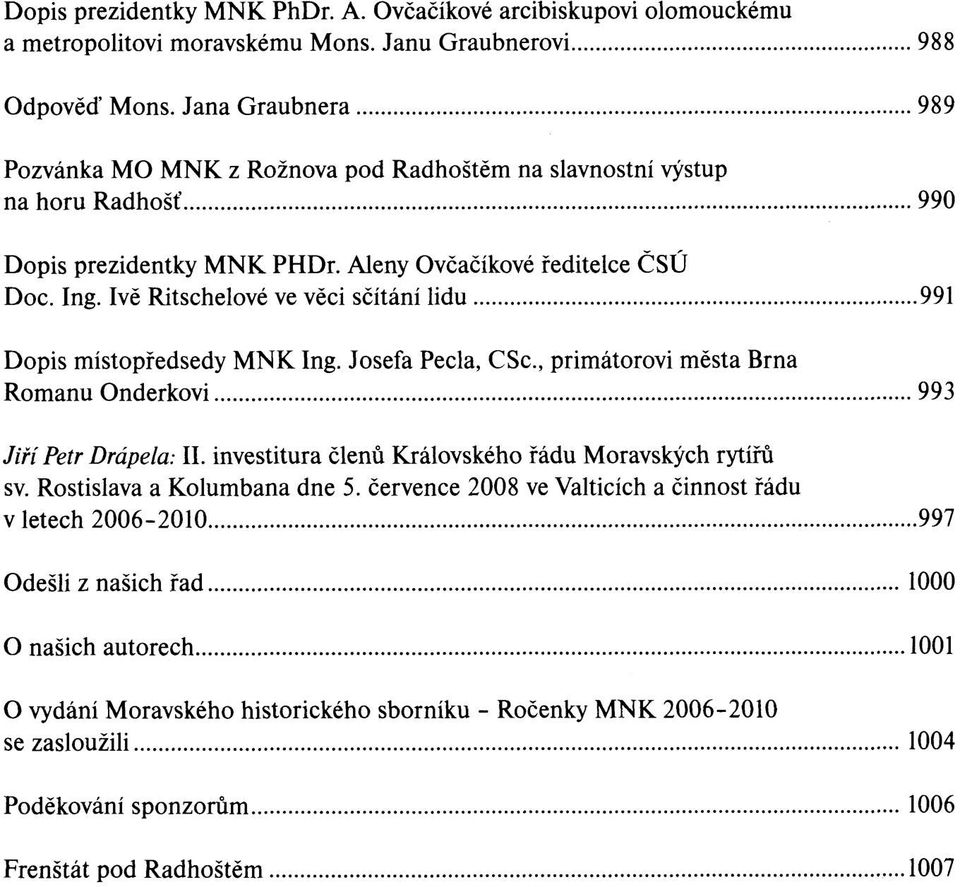 Ivě Ritschelové ve věci sčítání lidu 991 Dopis místopředsedy MNK Ing. Josefa Pecla, CSc., primátorovi města Brna Romanu Onderkovi 993 Jiří Petr Drápela: II.