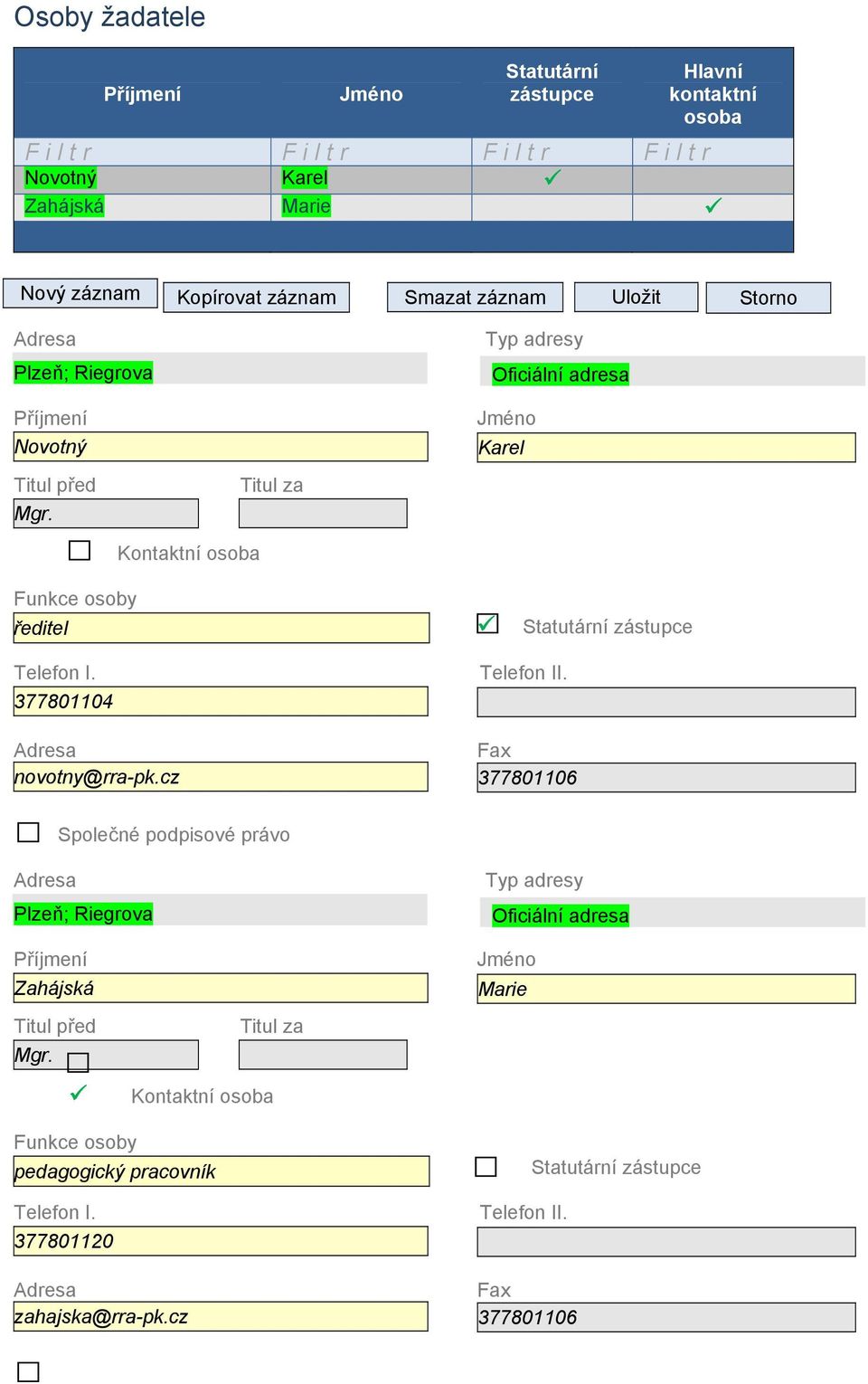 Titul za Typ adresy Oficiální adresa Jméno Karel Funkce osoby ředitel Kontaktní osoba Statutární zástupce Telefon I. 377801104 Adresa novotny@rra-pk.cz Telefon II.