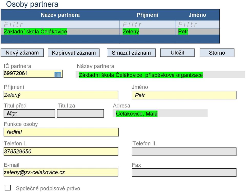 škola Čelákovice, příspěvková organizace Příjmení Jméno Zelený Titul před Titul za Petr Adresa Mgr.