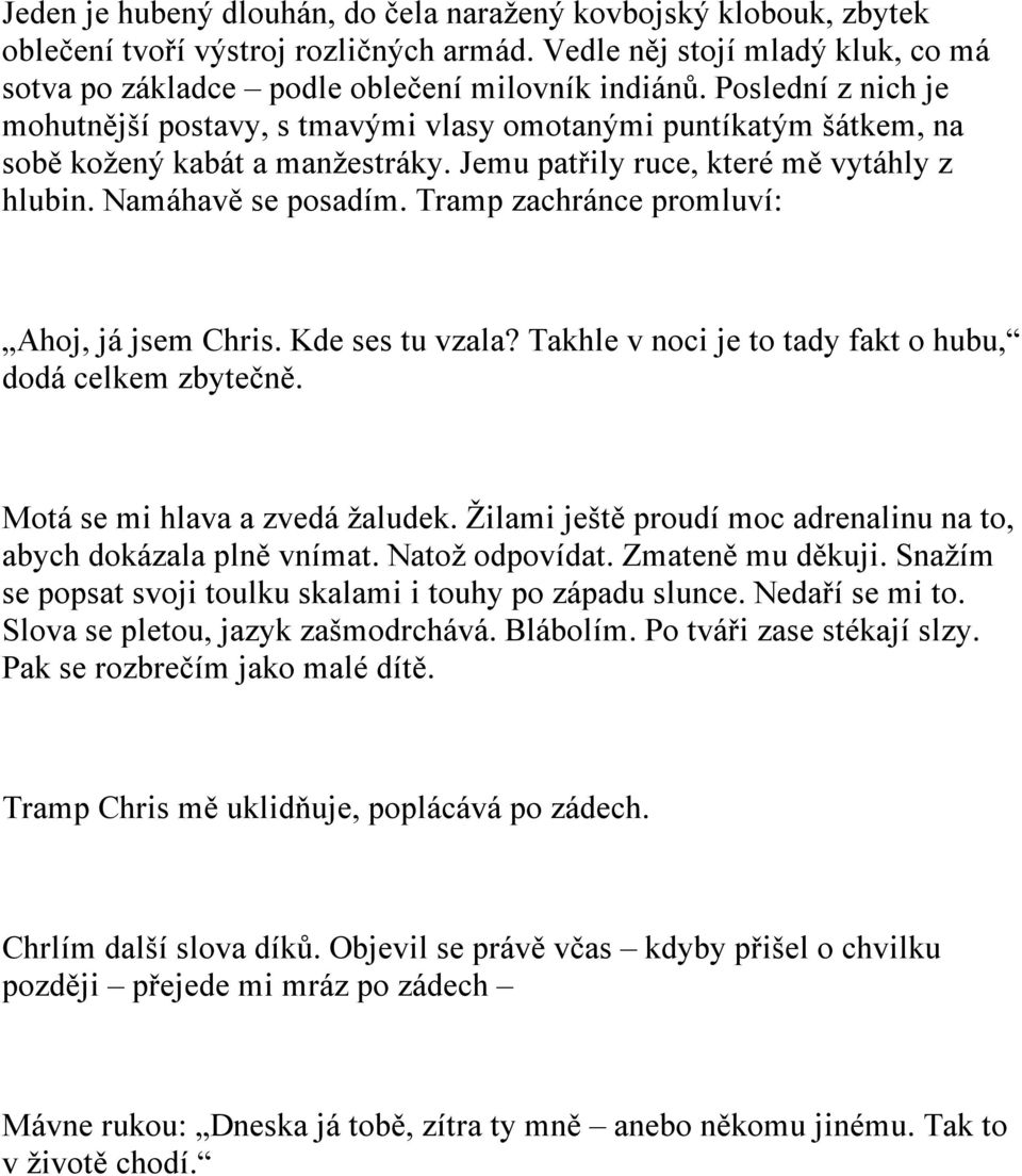 Tramp zachránce promluví: Ahoj, já jsem Chris. Kde ses tu vzala? Takhle v noci je to tady fakt o hubu, dodá celkem zbytečně. Motá se mi hlava a zvedá žaludek.