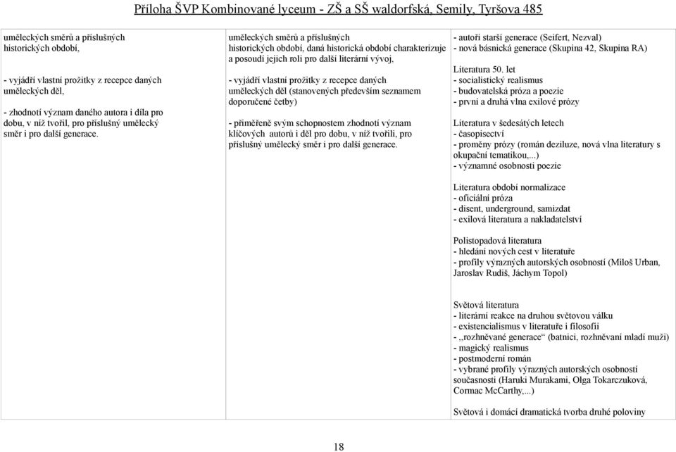 uměleckých směrů a příslušných historických období, daná historická období charakterizuje a posoudí jejich roli pro další literární vývoj, - vyjádří vlastní prožitky z recepce daných uměleckých děl