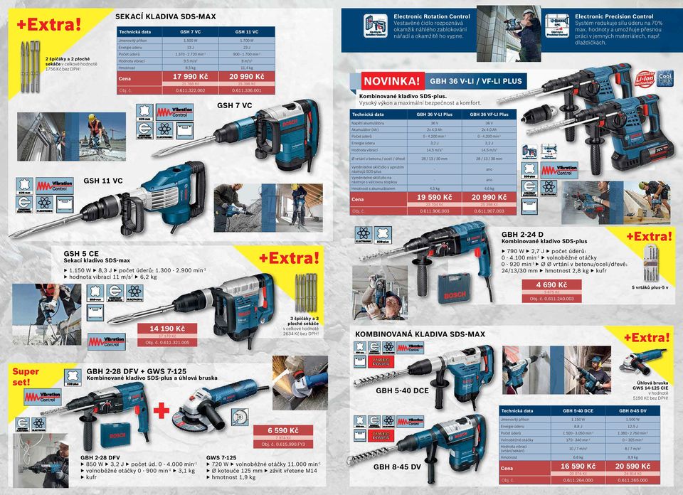 Počet úderů 1.370-2.720 min -1 900-1.700 min -1 Hodnota vibrací 9,5 m/s 2 8 m/s 2 8,5 kg 11,4 kg Cena 17 990 Kč 20 990 Kč 21 768 Kč 25 398 Kč GBH 36 V-LI / VF-LI PLUS Obj. č. 0.611.322.002 0.611.336.