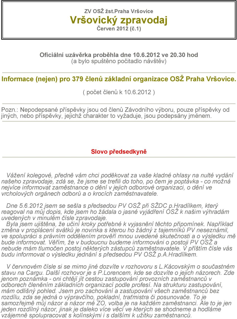 : Nepodepsané příspěvky jsou od členů Závodního výboru, pouze příspěvky od jiných, nebo příspěvky, jejichž charakter to vyžaduje, jsou podepsány jménem.