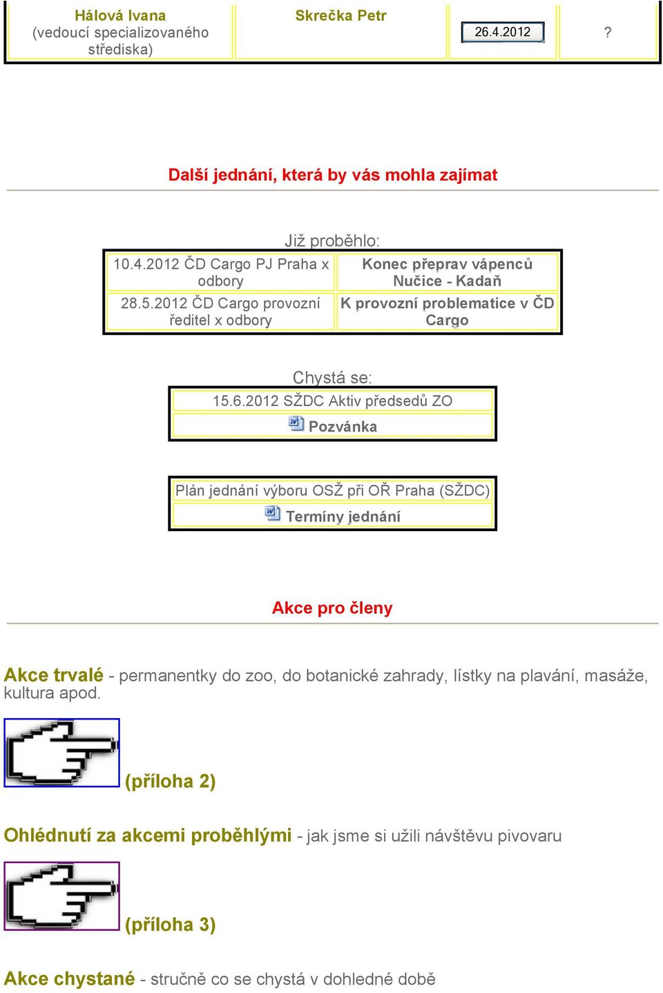 2012 SŽDC Aktiv předsedů ZO Pozvánka Plán jednání výboru OSŽ při OŘ Praha (SŽDC) Termíny jednání Akce pro členy Akce trvalé - permanentky do zoo, do botanické