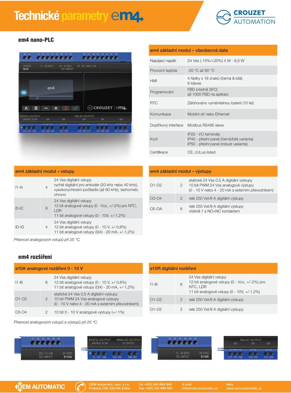 terminály IP40 - přední panel (černá/bílá varianta) IP50 - přední panel (robust varianta) CE, culus listed em4 základní modul vstupy I1-I4 4 I5-IC 8 ID-IG 4 Přesnost analogových vstupů při 25 C.