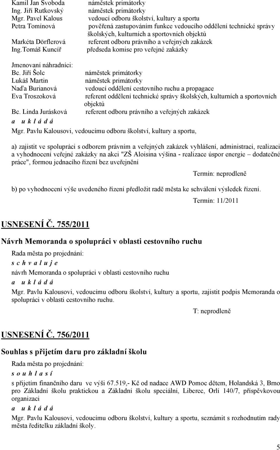 veřejných zakázek předseda komise pro veřejné zakázky Jmenovaní náhradníci: Bc. Jiří Šolc Lukáš Martin Naďa Burianová Eva Troszoková Bc.