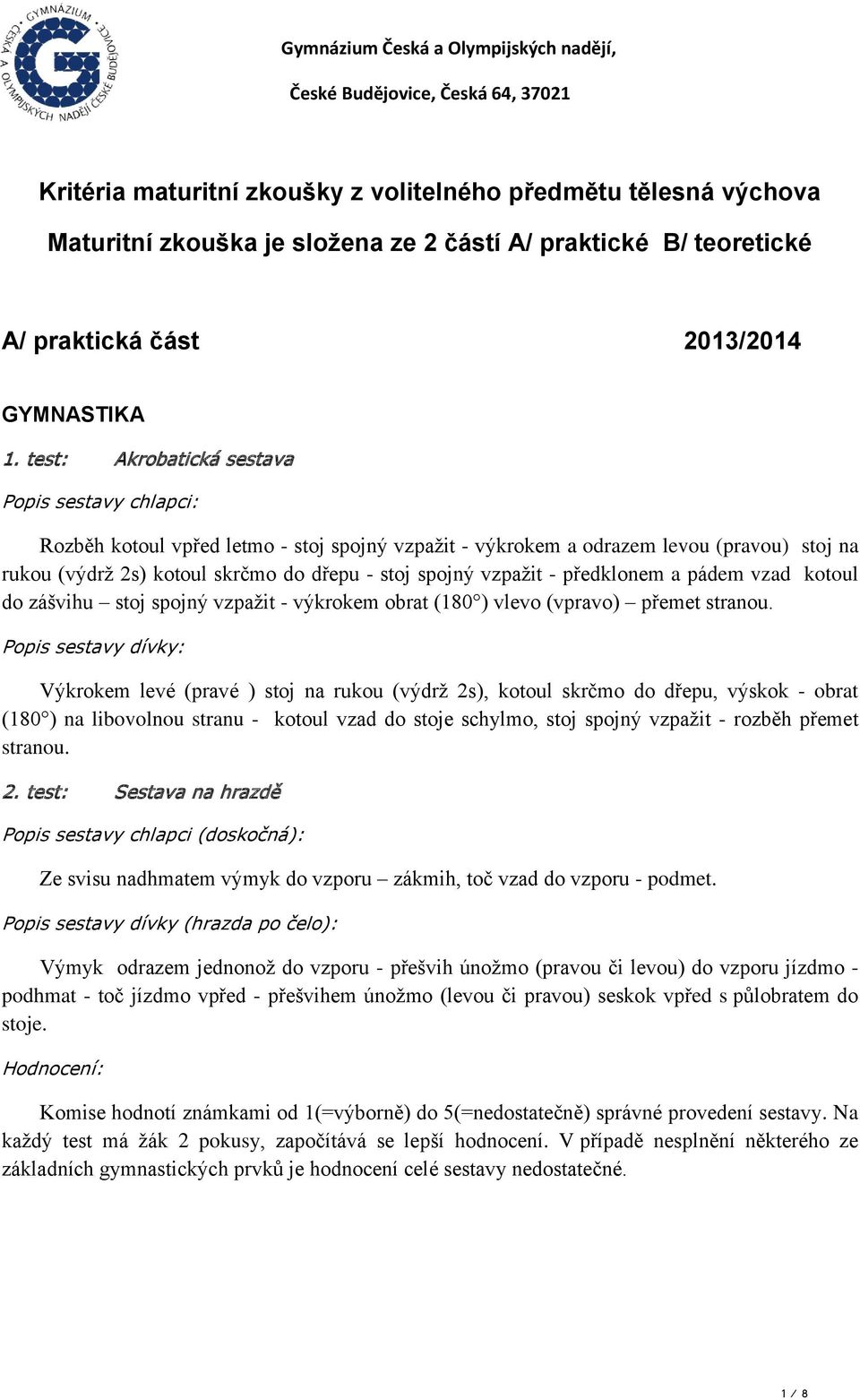 vzpažit - předklonem a pádem vzad kotoul do zášvihu stoj spojný vzpažit - výkrokem obrat (180 ) vlevo (vpravo) přemet stranou.