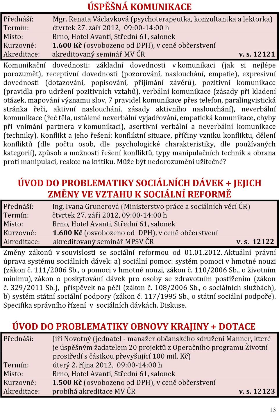 12121 Komunikační dovednosti: základní dovednosti v komunikaci (jak si nejlépe porozumět), receptivní dovednosti (pozorování, naslouchání, empatie), expresivní dovednosti (dotazování, popisování,