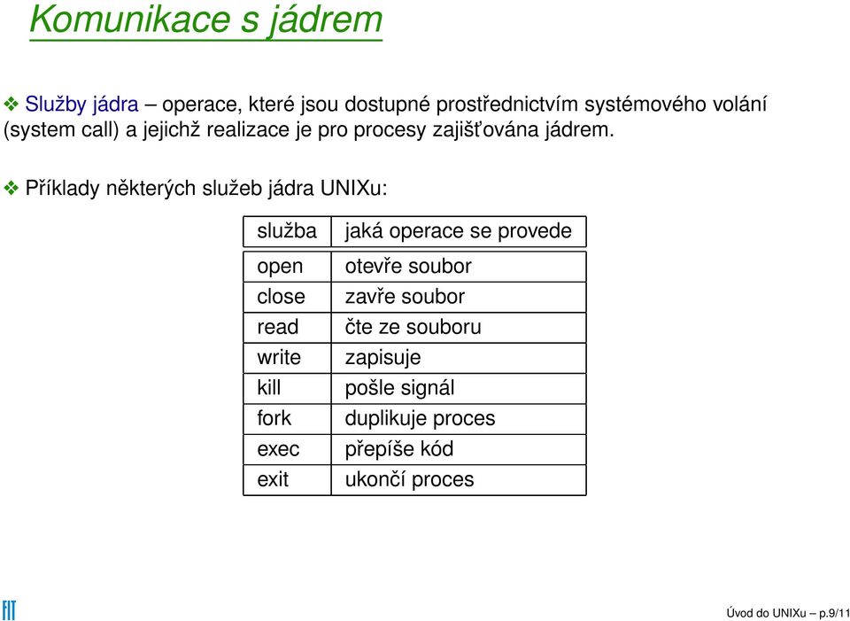 Příklady některých služeb jádra UNIXu: služba open close read write kill fork exec exit jaká operace