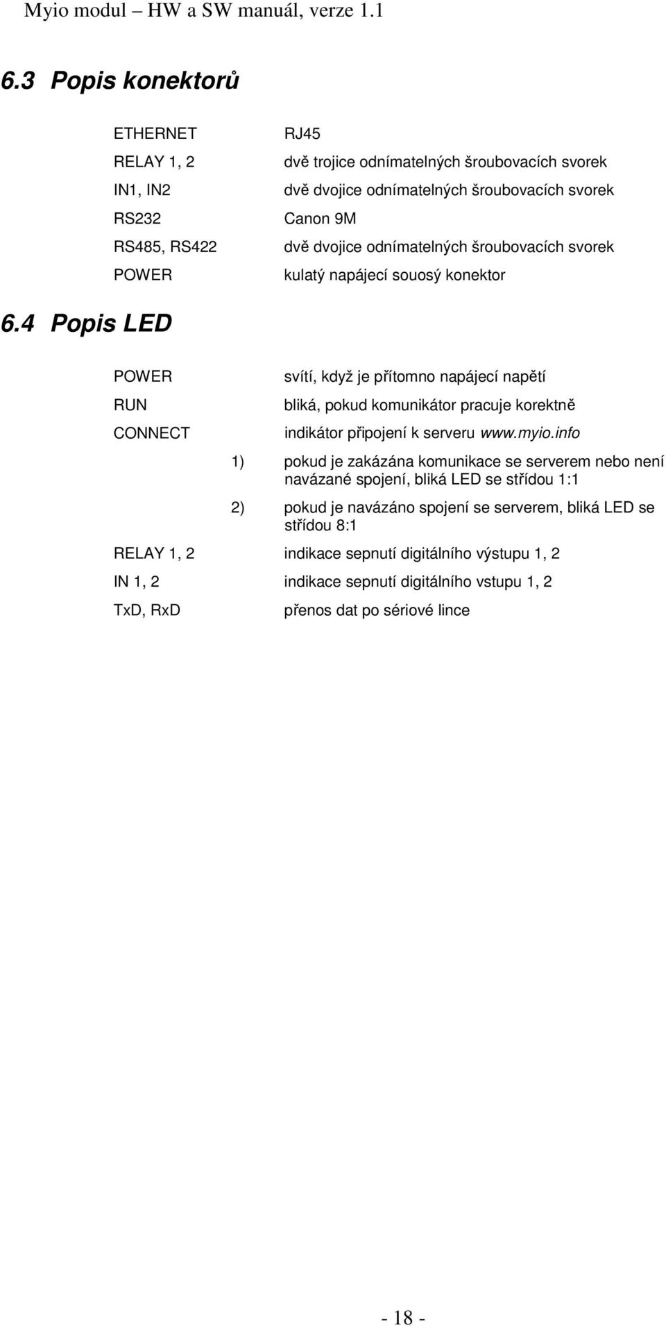 4 Popis LED POWER RUN CONNECT svítí, když je přítomno napájecí napětí bliká, pokud komunikátor pracuje korektně indikátor připojení k serveru www.myio.