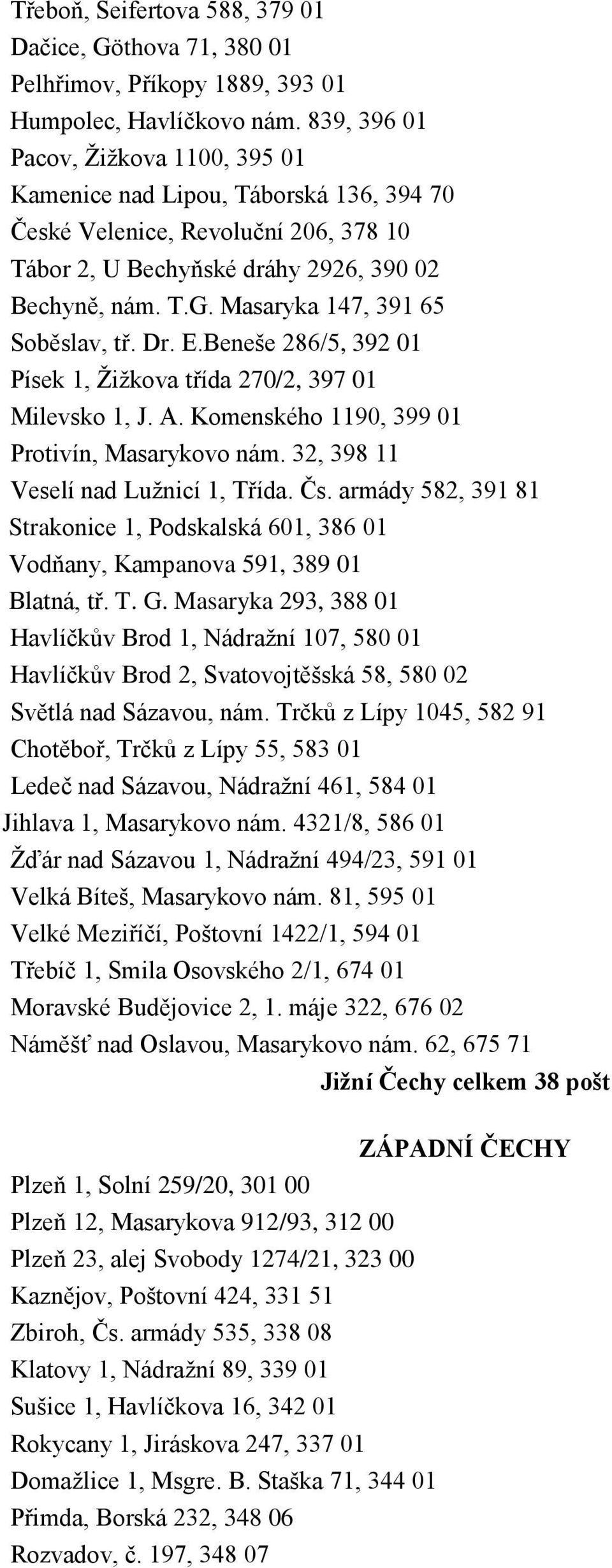 Masaryka 147, 391 65 Soběslav, tř. Dr. E.Beneše 286/5, 392 01 Písek 1, Ţiţkova třída 270/2, 397 01 Milevsko 1, J. A. Komenského 1190, 399 01 Protivín, Masarykovo nám.