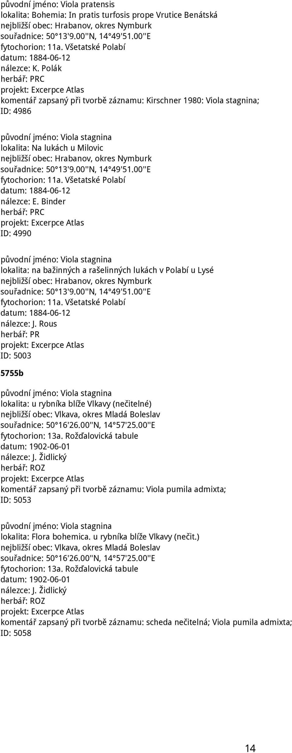 Polák C komentář zapsaný při tvorbě záznamu: Kirschner 1980: Viola stagnina; ID: 4986 lokalita: Na lukách u Milovic nejbližší obec: Hrabanov, okres Nymburk souřadnice: 50 13'9.00''N, 14 49'51.