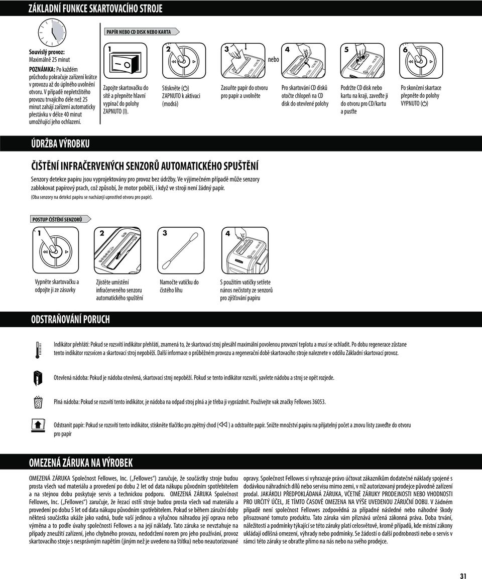 ÚDRŽBA VÝROBKU 1 2 3 4 5 6 nebo Zapojte skartovačku do sítě a přepněte hlavní vypínač do polohy ZAPNUTO (I).