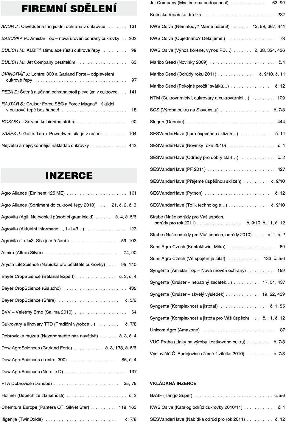 : Šetrná a účinná ochrana proti plevelům v cukrovce.... 141 rajtár s.: Cruiser Force SB a Force Magna škůdci v cukrové řepě bez šance!.......................... 18 rokos l.