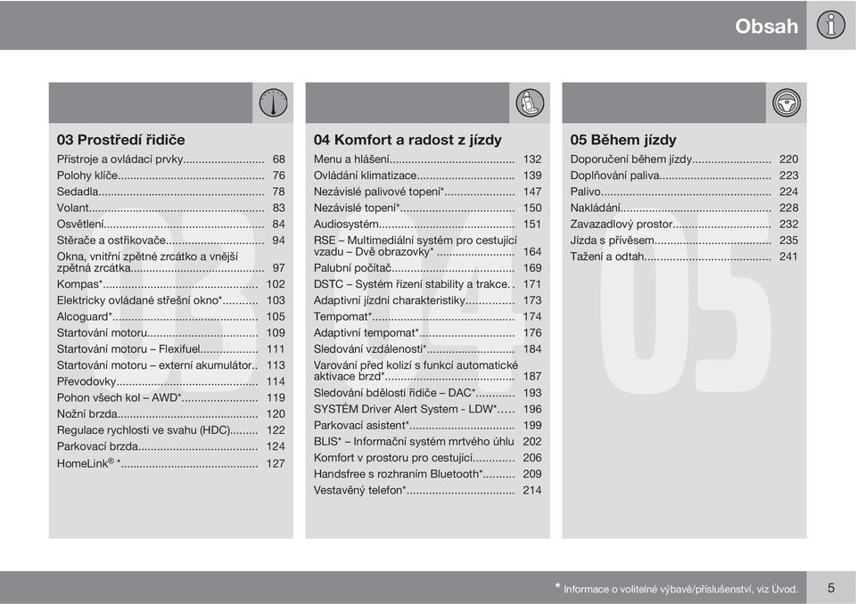 .. 94 RSE Multimediální systém pro cestující Okna, vnitřní zpětné zrcátko a vnější vzadu Dvě obrazovky*... 164 zpětná zrcátka... 97 Palubní počítač... 169 Kompas*.