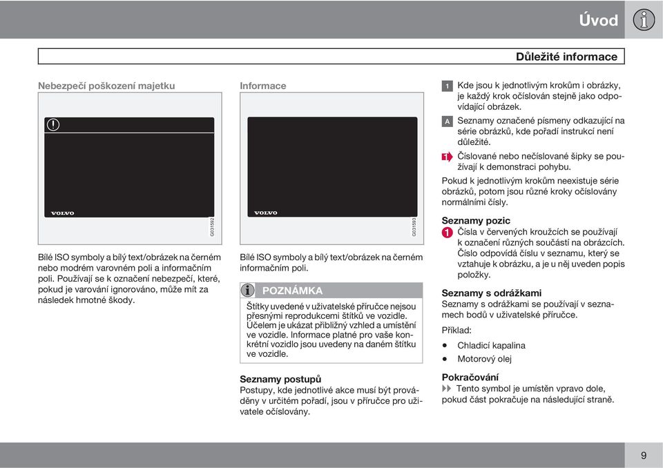 Pokud k jednotlivým krokům neexistuje série obrázků, potom jsou různé kroky očíslovány normálními čísly. Bílé ISO symboly a bílý text/obrázek na černém nebo modrém varovném poli a informačním poli.