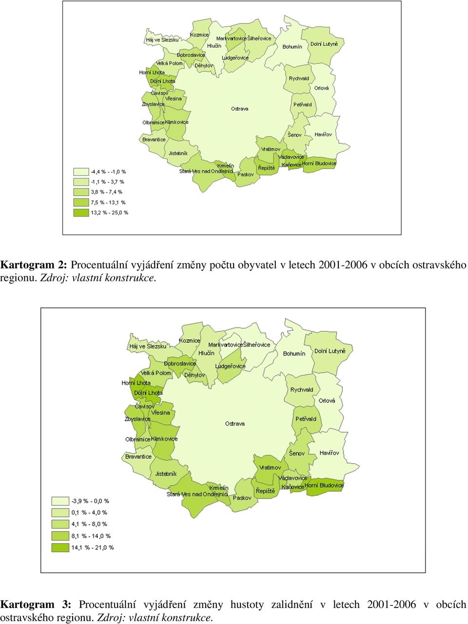 Kartogram 3: Procentuální vyjádření změny hustoty zalidnění v
