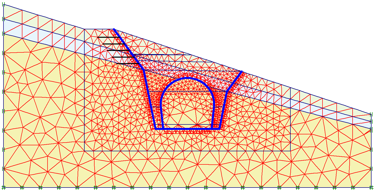 Vstupní geometrie je znázorněná na obrázku 5-14, vygenerovaná síť konečných prvků na obrázku 5-15. Obr. 5-14: Výpočtový model pro řez III-III Obr. 5-15: Síť konečných prvků pro řez III-III 5.