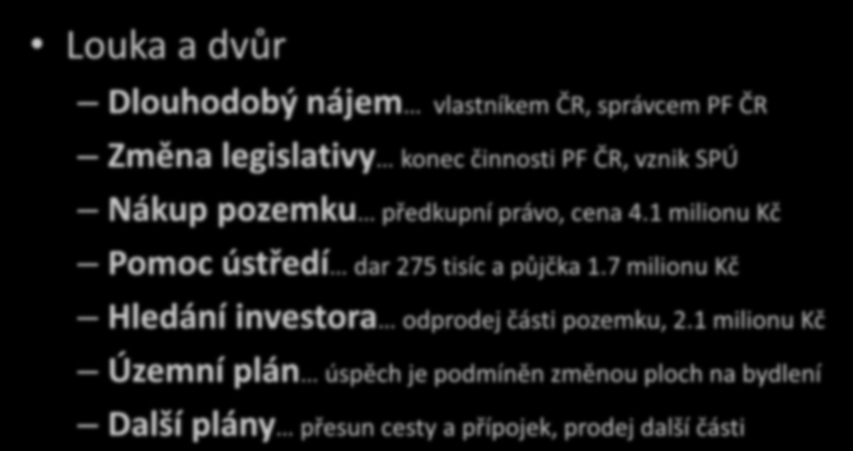 Pozemky Hanychov Louka a dvůr Dlouhodobý nájem vlastníkem ČR, správcem PF ČR Změna legislativy konec činnosti PF ČR, vznik SPÚ Nákup pozemku předkupní právo, cena 4.