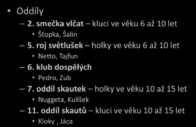 Struktura střediska Oddíly 2. smečka vlčat kluci ve věku 6 až 10 let Šťopka, Šalin 5. roj světlušek holky ve věku 6 až 10 let Netto, Tajfun 6.