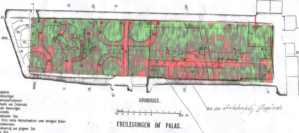 Předpokládané patky sloupů v ose v části AA nebyly bezpečně detekovány, mohou být ale i mimo polohu v historickém plánu, i když to není příliš pravděpodobné.