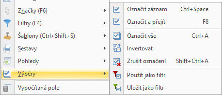 DUEL Úvodní příručka 21 Třídění, vybírání (označování), hledání a filtrování záznamů Pás karet obsahuje záložku Hledání, která obsahuje specializované nástroje na hledání, filtrování a další operace