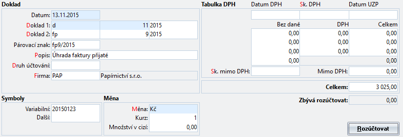 36 DUEL Úvodní příručka Automatické účtování v programu DUEL Automatické účtování je založeno na tom, že jedna strana souvztažnosti se načte z použité dokladové řady údaje Doklad1 a druhá strana z