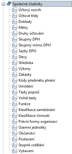 Kompletní nabídku Společných číselníků naleznete v Pásu karet nebo v levém stromu (Ctrl+F8).