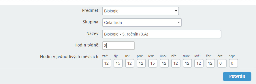 Rozevírací nabídka s výběrem předmětu, pro který bude tématický plán sestavován; v našem případě Biologie. Rozevírací nabídka s výběrem organizační jednotky, pro kterou bude tém. plán učiva sestaven.